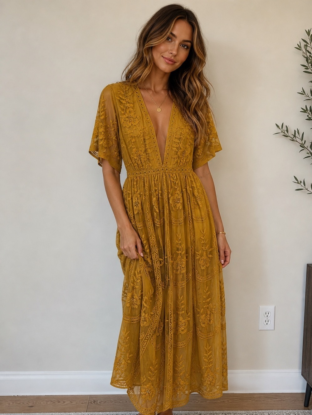 Wild Honey Gold Ruched Maxi Sundress for Weddings
